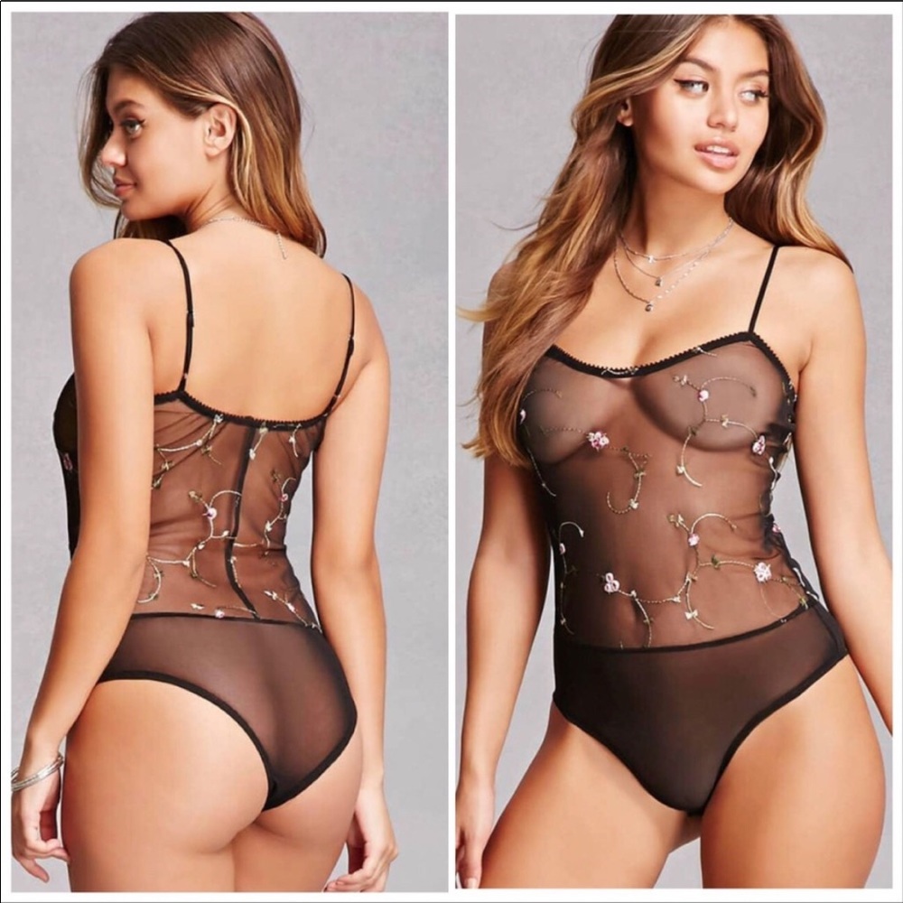 🔥SEXY HOT🔥BLACK SHEER FLORAL LINGERIE BODYSUIT SMALL NWT